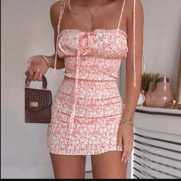Sexy smocked shirring dress strap tie shoulder summer beach coverup S - Picture 1 of 1
